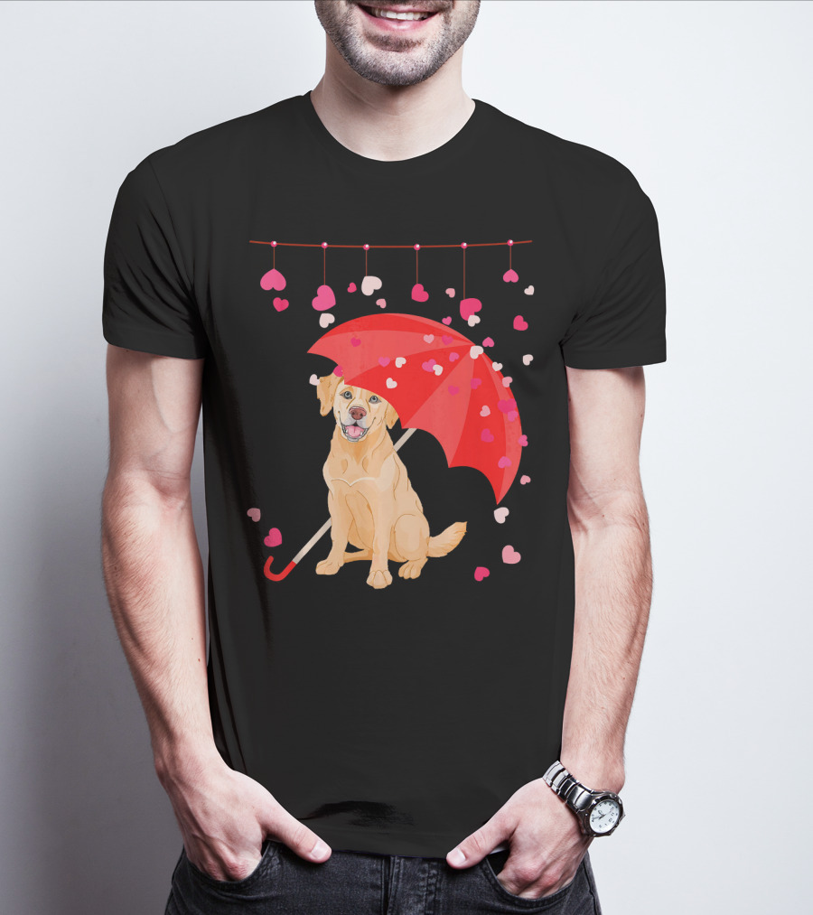 Labrador Retriever Under Umbrella With Falling Hearts Valentine's Day T-Shirt