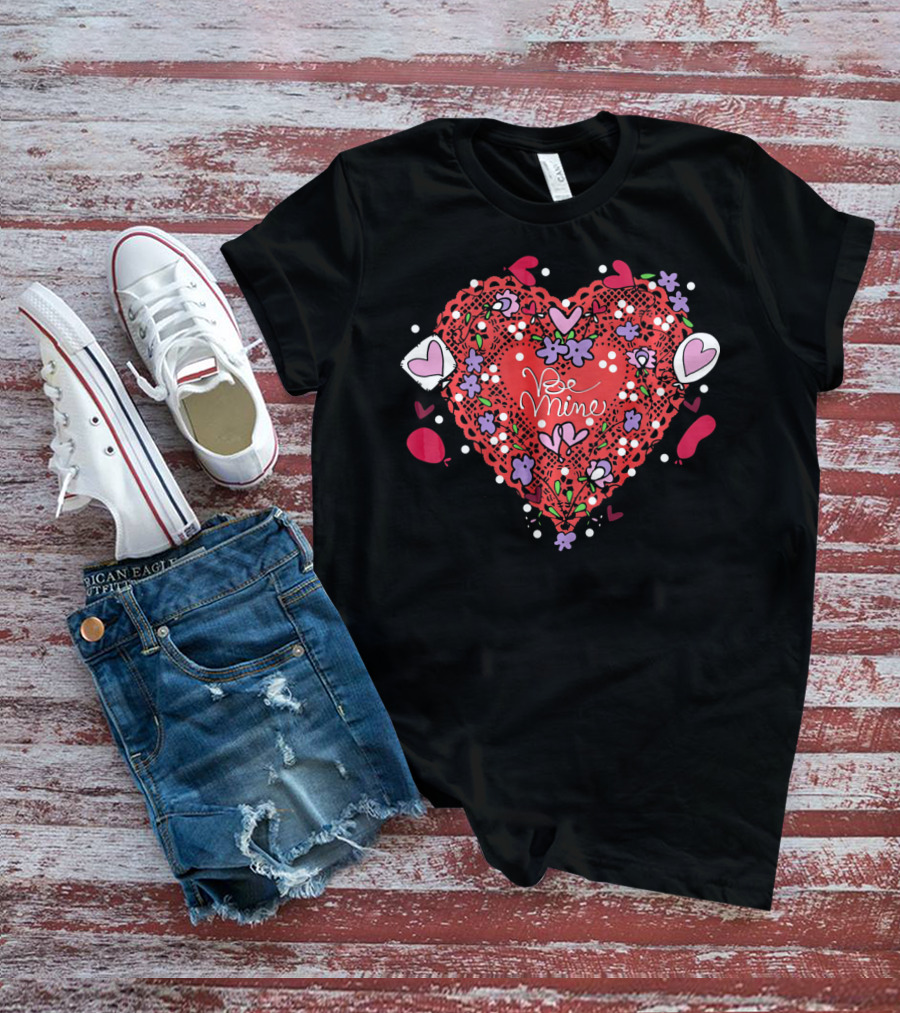 Be Mine Lace Hearts Balloons Flowers T-Shirt