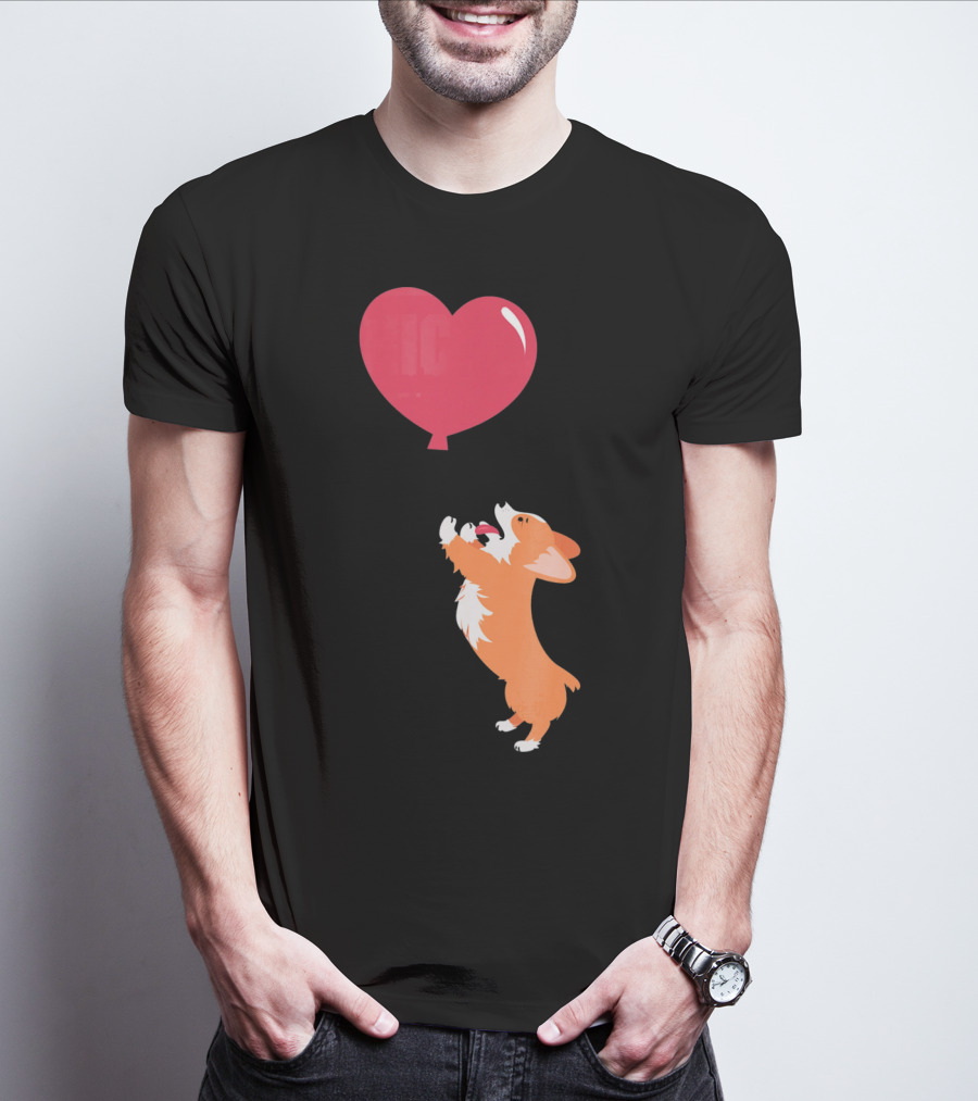 Little Corgi Puppy Dog Reaching For Red Heart Balloon T-Shirt