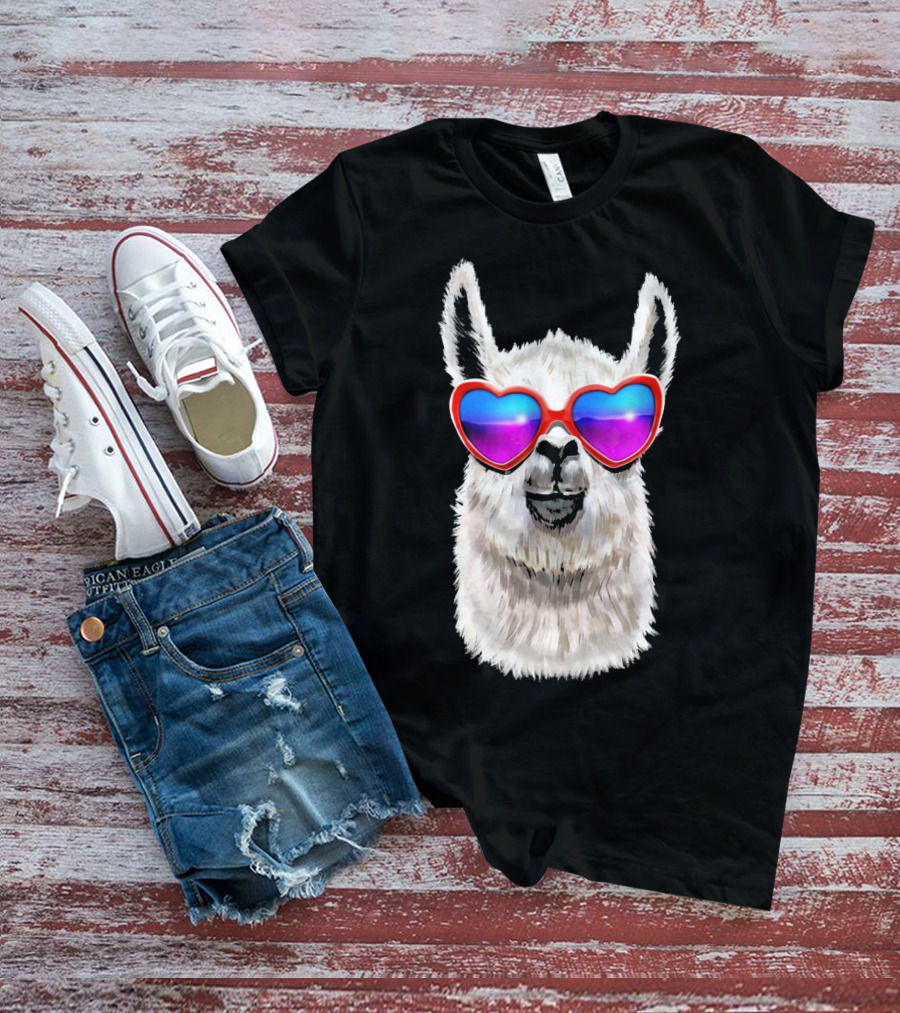 Llama Valentine's Day Heart Sunglasses Fashion T-Shirt