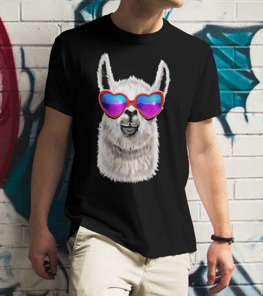 Llama Valentine's Day Heart Sunglasses Fashion T-Shirt
