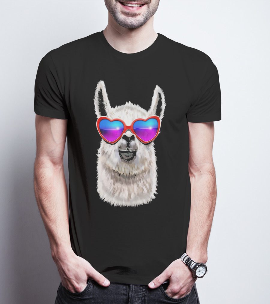 Llama Valentine's Day Heart Sunglasses Fashion T-Shirt