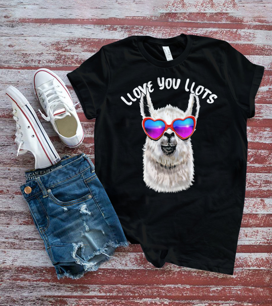 Llove You Llots Llama With Heart Sunglasses Valentines Day T-Shirt