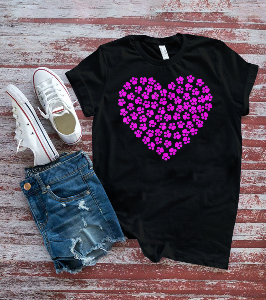 Valentines Day Pink Paws Heart T-Shirt