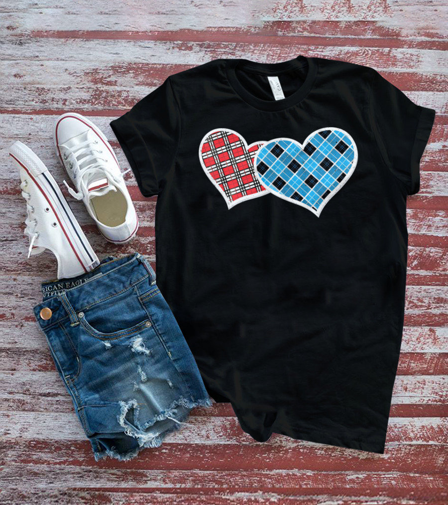 Valentine Buffalo Plaid Red And Blue Heart T-Shirt
