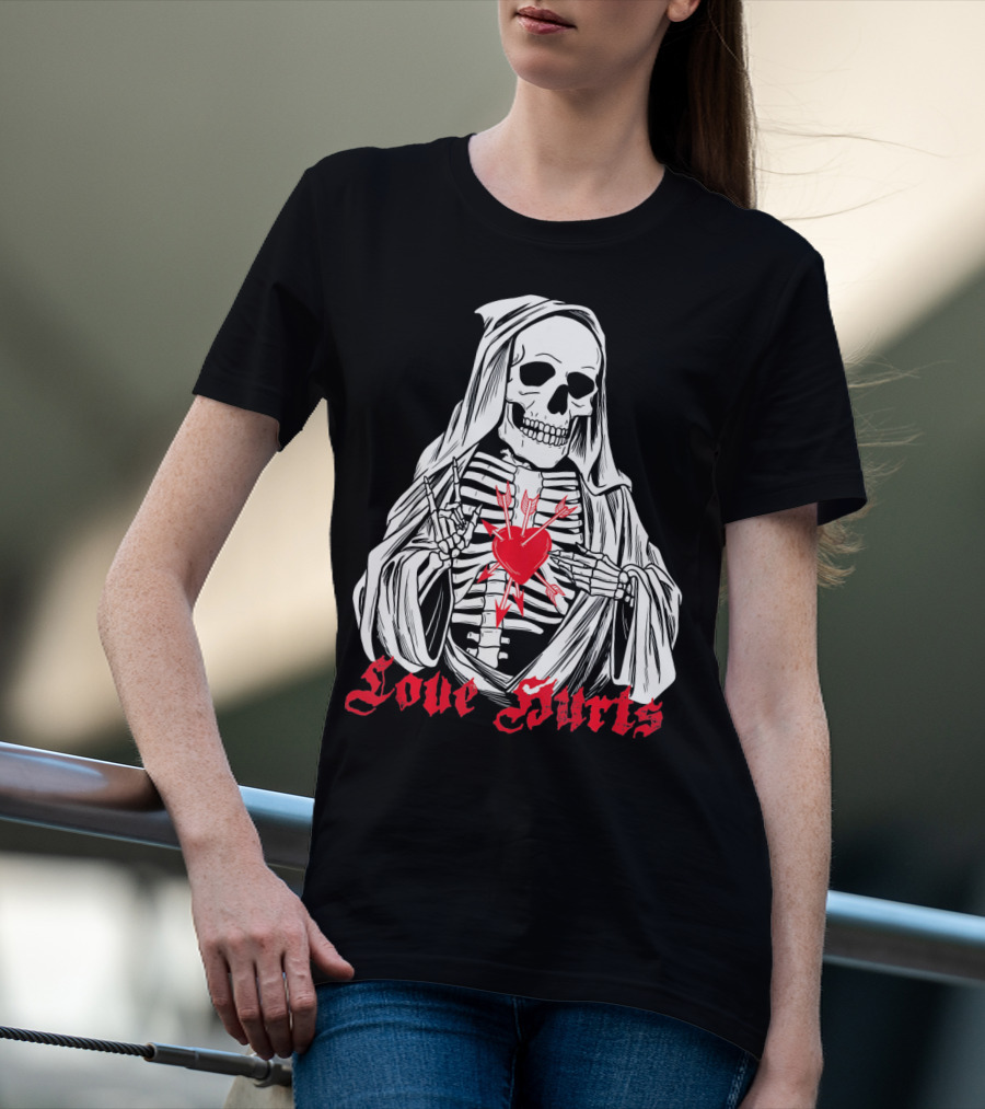 Love Hurts Grim Reaper Skull Heart Arrows Death T-Shirt