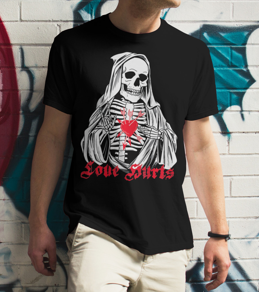 Love Hurts Grim Reaper Skull Heart Arrows Death T-Shirt