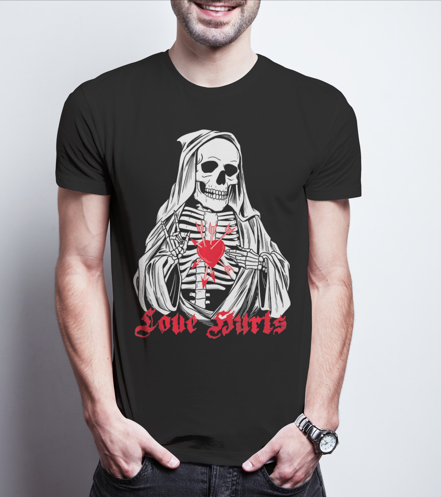 Love Hurts Grim Reaper Skull Heart Arrows Death T-Shirt