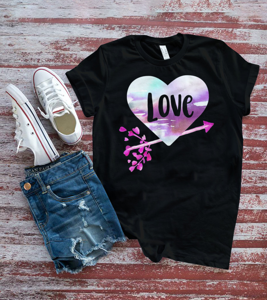 Love Watercolor Heart With Pink Arrow Valentine's T-Shirt