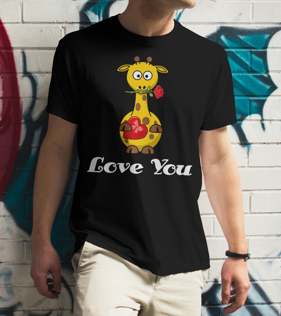 Love You Cute Giraffe Holding Rose And Heart Valentine T-Shirt