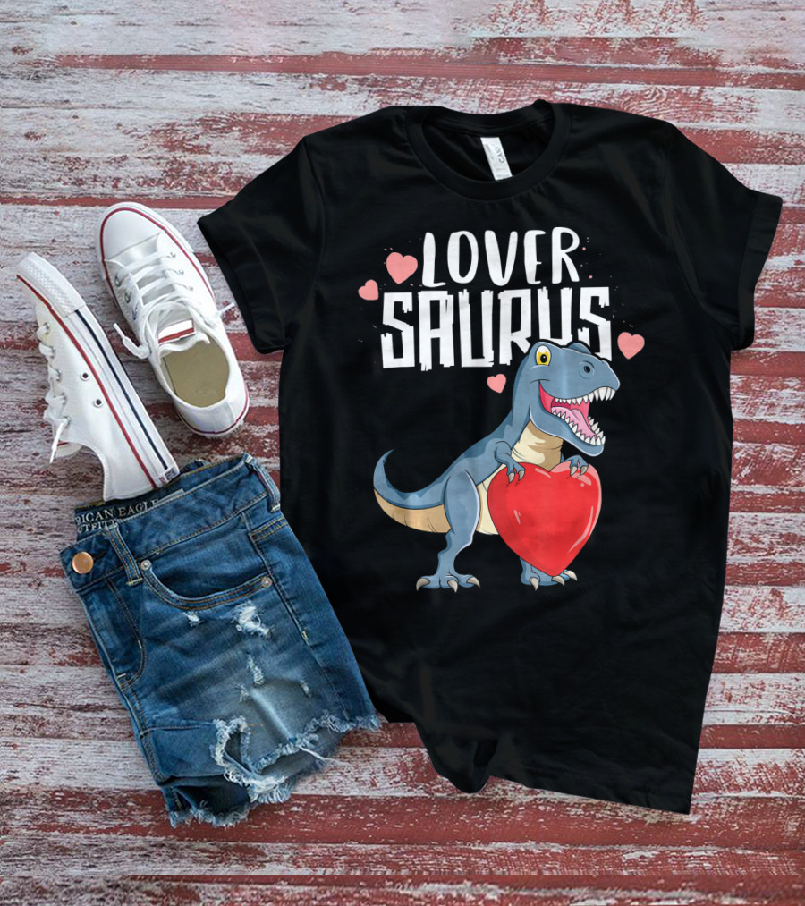 Lover Saurus Dinosaur Holding Heart With Loveasaurus Valentines T-Shirt