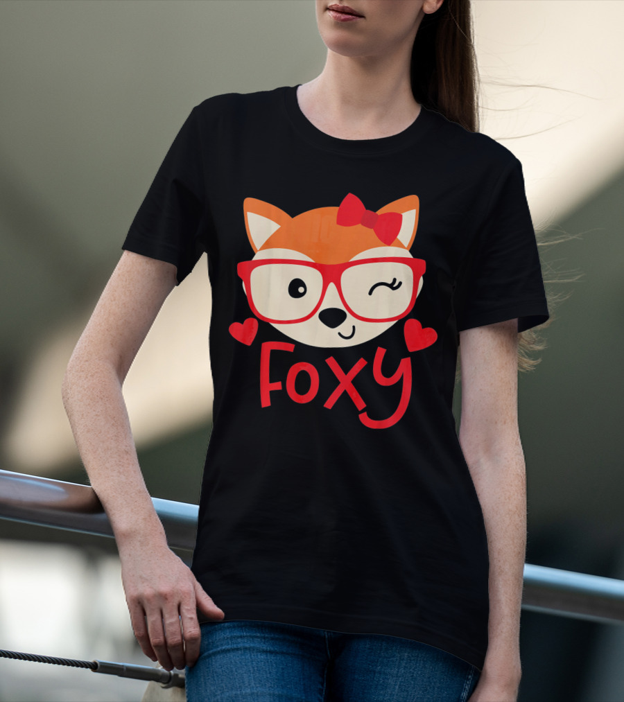 Foxy Cute Winking Fox With Glasses And Bow Valentine Hearts T-Shirt