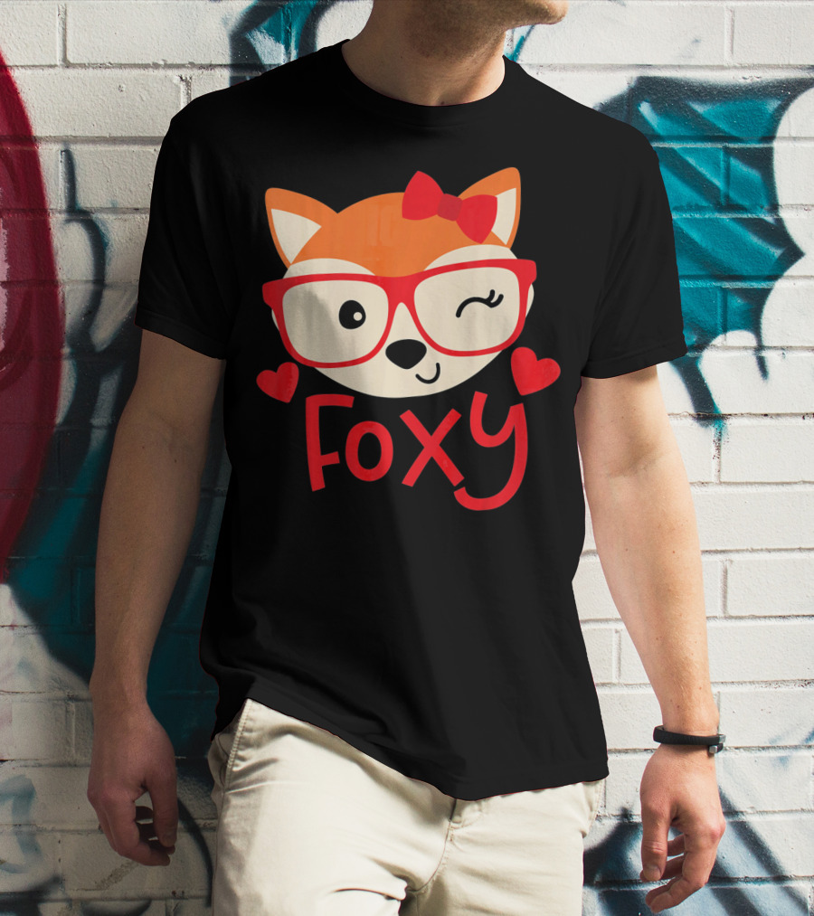 Foxy Cute Winking Fox With Glasses And Bow Valentine Hearts T-Shirt