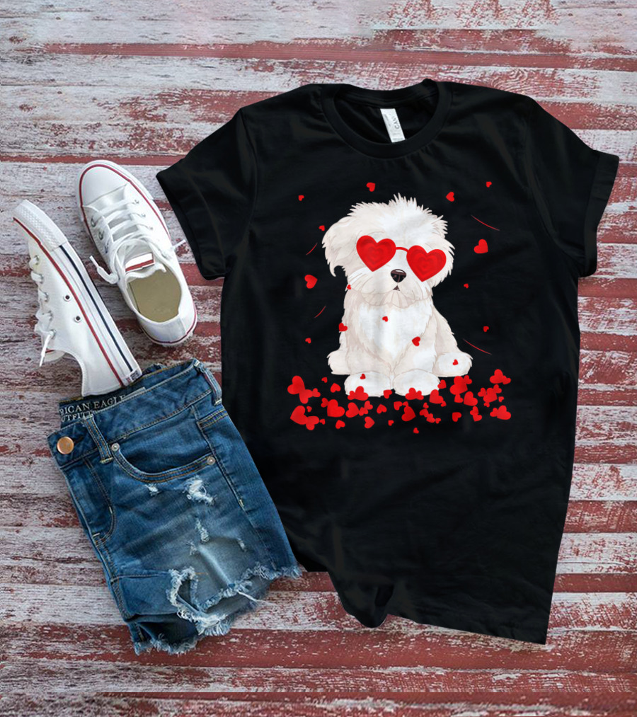 Maltese Dog With Heart Glasses Surrounded By Valentine Hearts T-Shirt