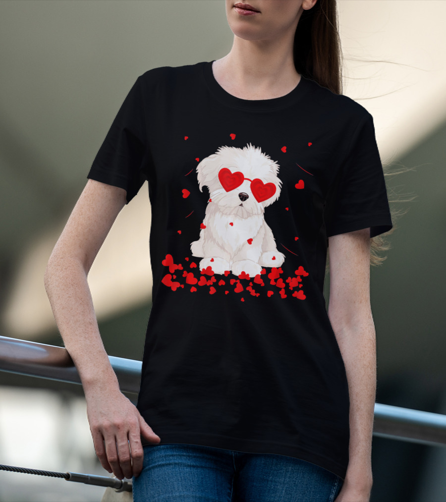 Maltese Dog With Heart Glasses Surrounded By Valentine Hearts T-Shirt