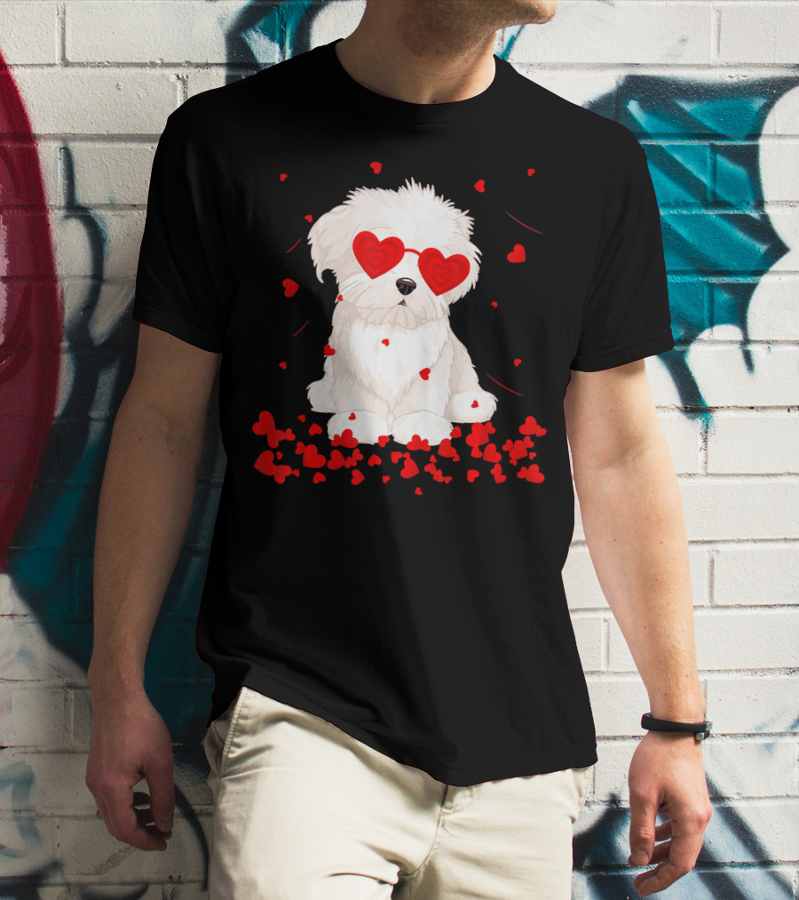 Maltese Dog With Heart Glasses Surrounded By Valentine Hearts T-Shirt
