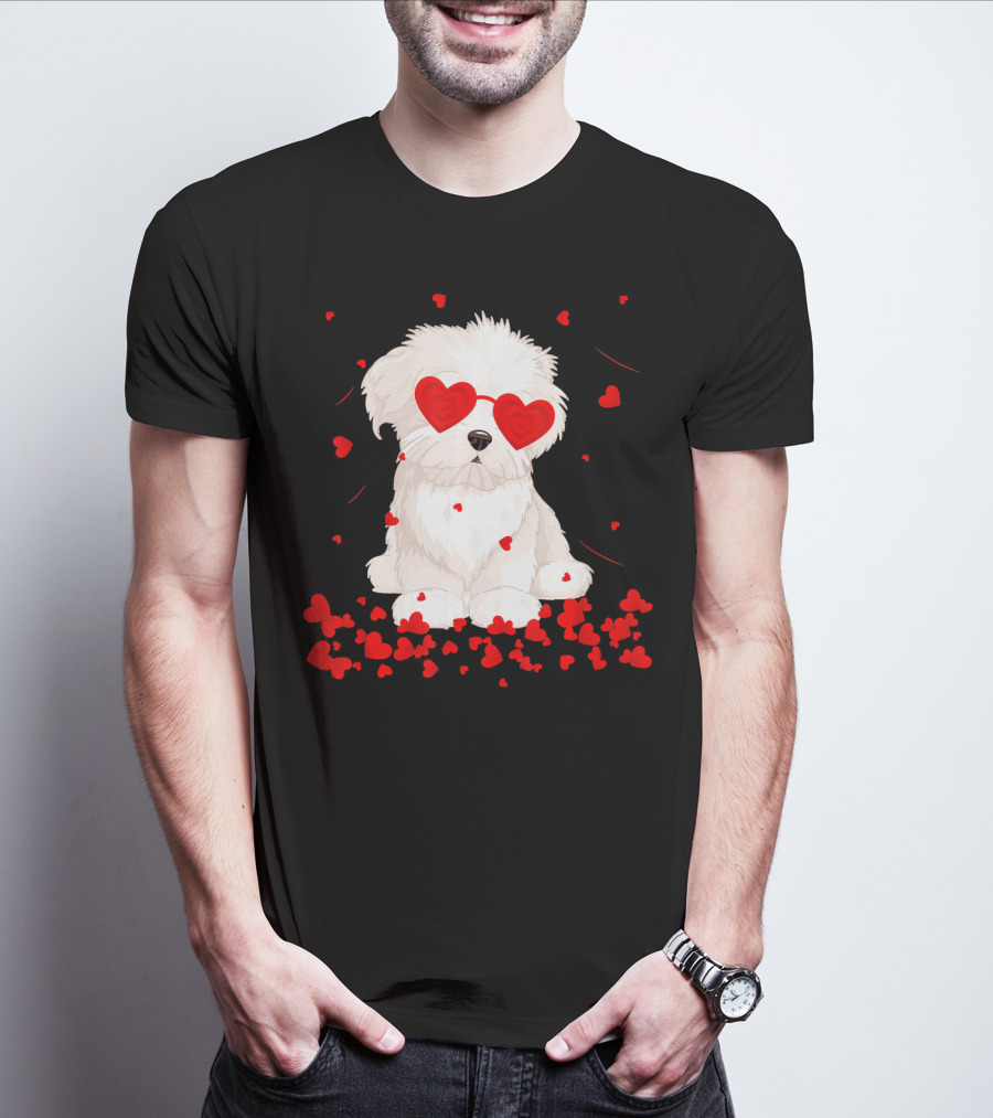 Maltese Dog With Heart Glasses Surrounded By Valentine Hearts T-Shirt