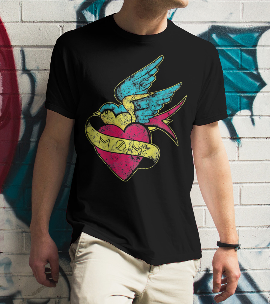 Mom Heart With Blue Bird Vintage Tattoo Valentines T-Shirt