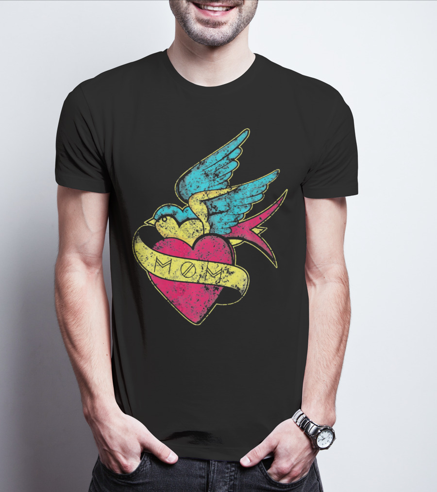 Mom Heart With Blue Bird Vintage Tattoo Valentines T-Shirt