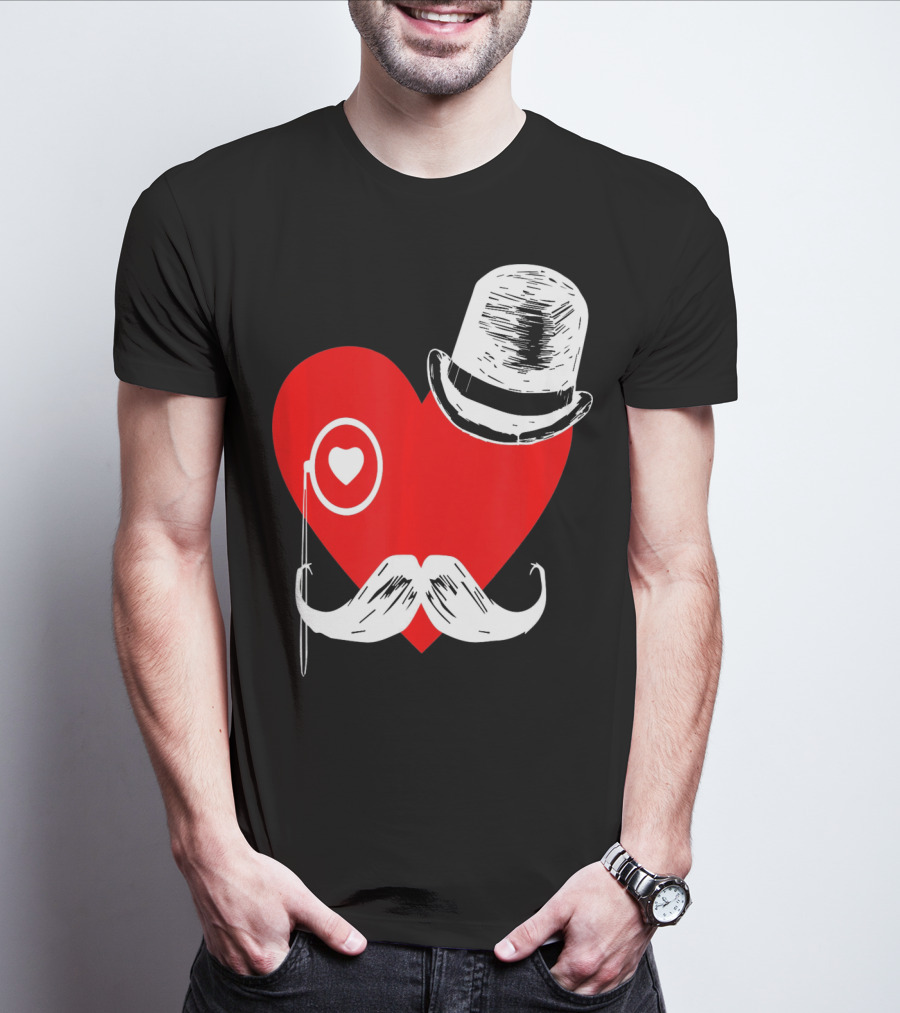 Heart Mustache Monocle Top Hat Valentines Day T-Shirt