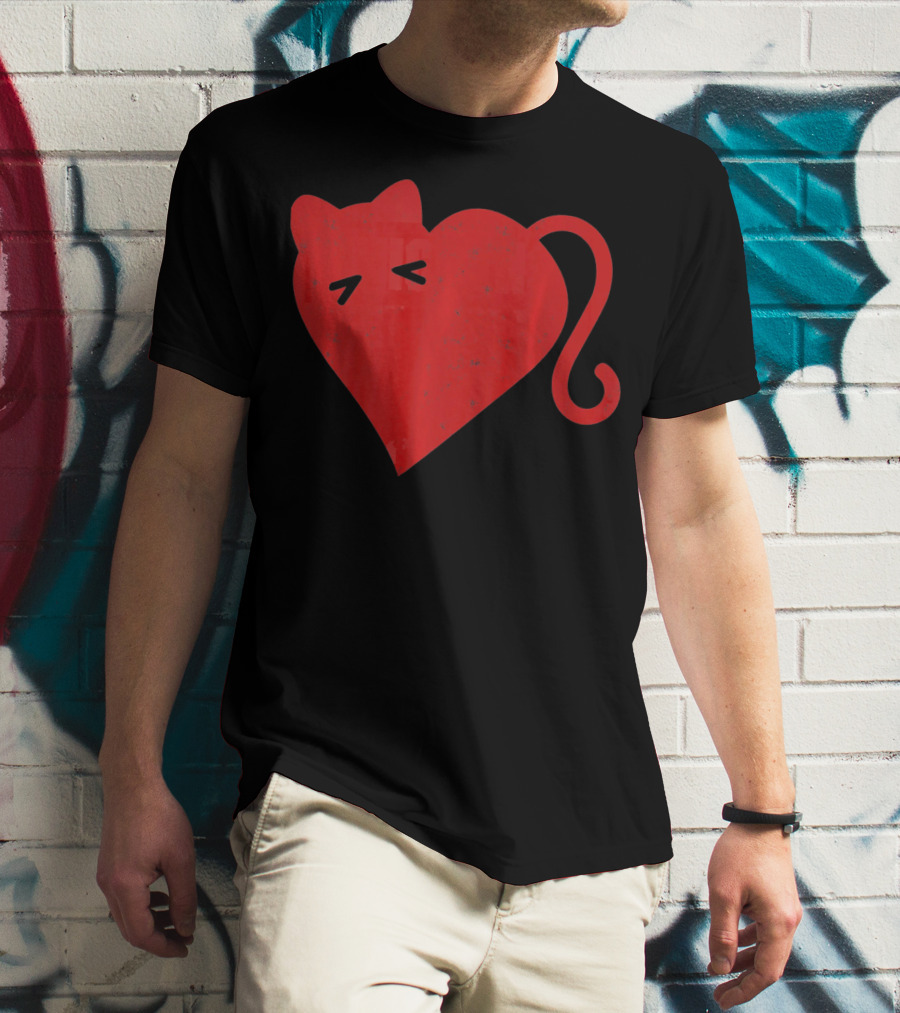 My Cat Is My Valentine Red Heart Distressed Cat Face Tail T-Shirt