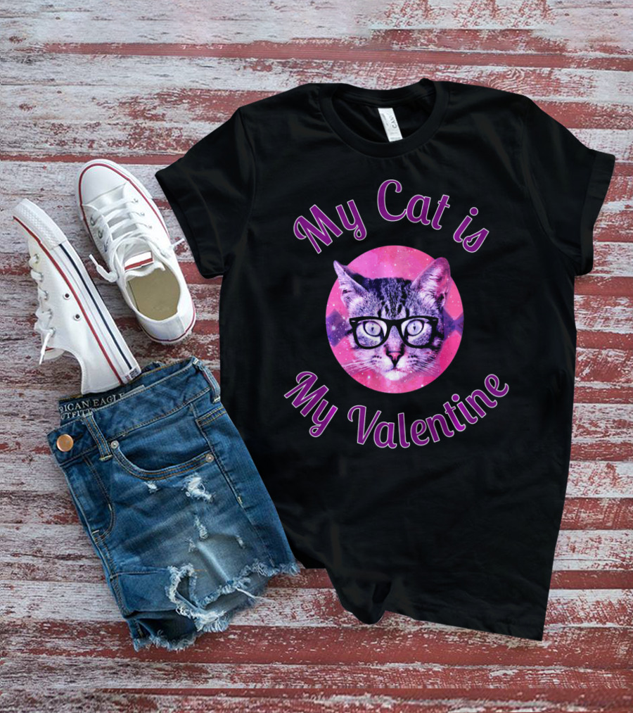 My Cat Is My Valentine Cat Lover Galaxy Glasses T-Shirt