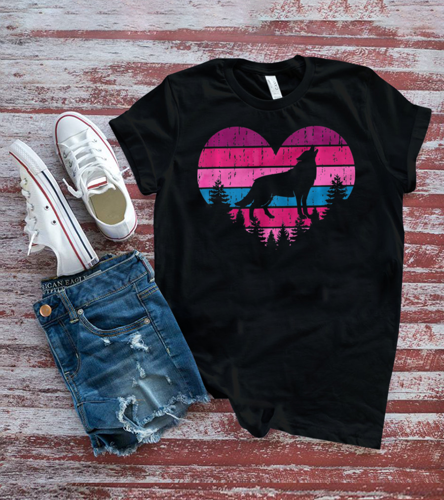 Wolf Girl Valentines Day Heart Silhouette With Howling Wolf And Forest Horizon T-Shirt