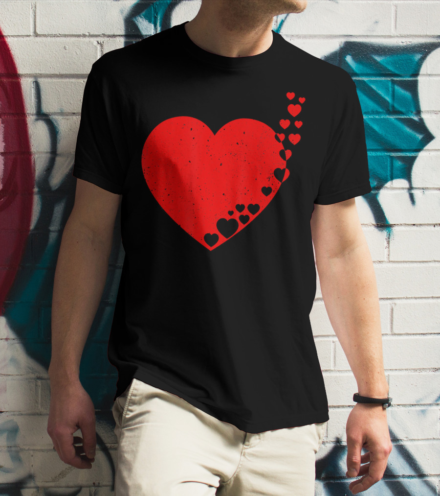 Big Heart Distressed Valentines Red Heart With Small Hearts Fluttering T-Shirt