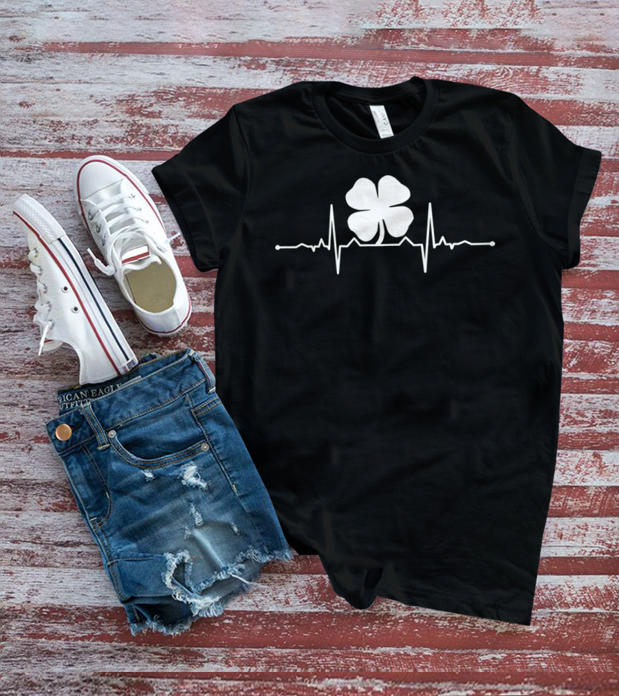 Heartbeat Irish Four Leaf Clover Pulsing EKG Shamrock T-Shirt