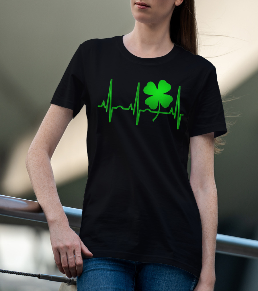 St Patricks Day Irish Shamrock Heartbeat EKG T-Shirt