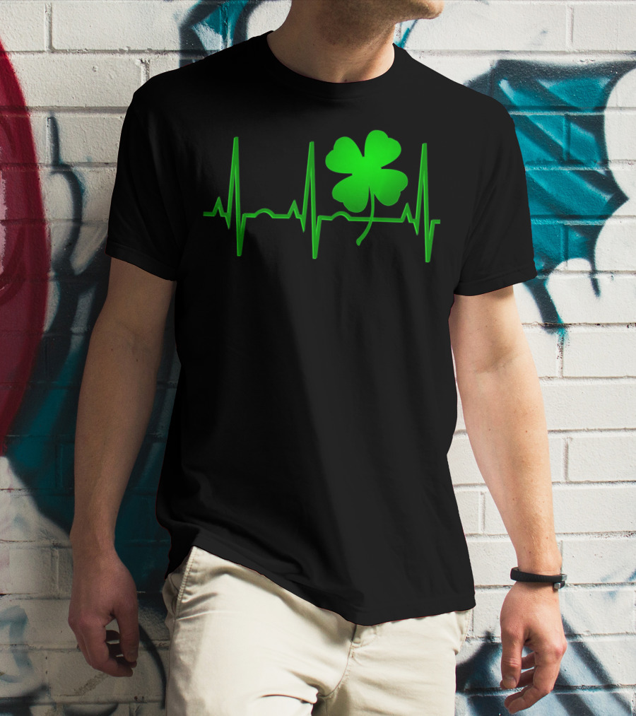 St Patricks Day Irish Shamrock Heartbeat EKG T-Shirt