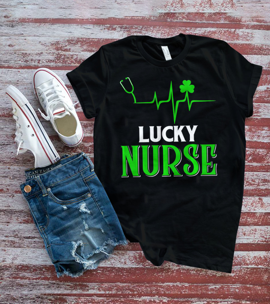LUCKY NURSE Stethoscope Shamrock Heartbeat T-Shirt