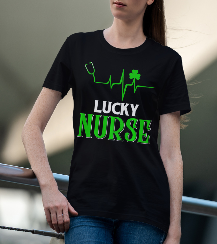 LUCKY NURSE Stethoscope Shamrock Heartbeat T-Shirt