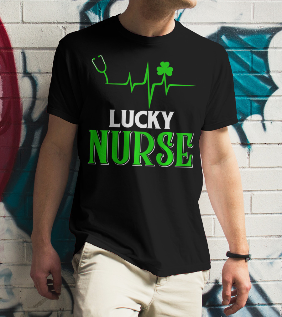 LUCKY NURSE Stethoscope Shamrock Heartbeat T-Shirt