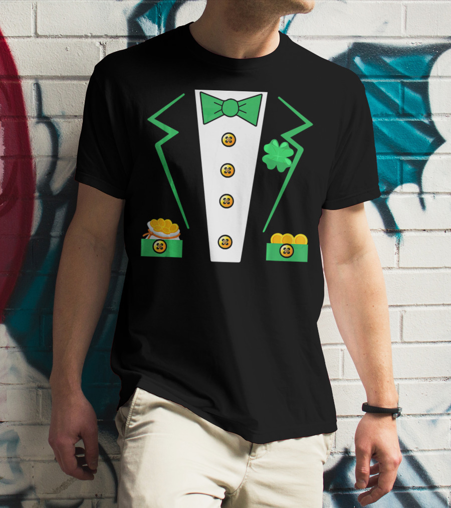 St. Patrick's Day Leprechaun Tuxedo With Shamrock And Coin Boxes T-Shirt