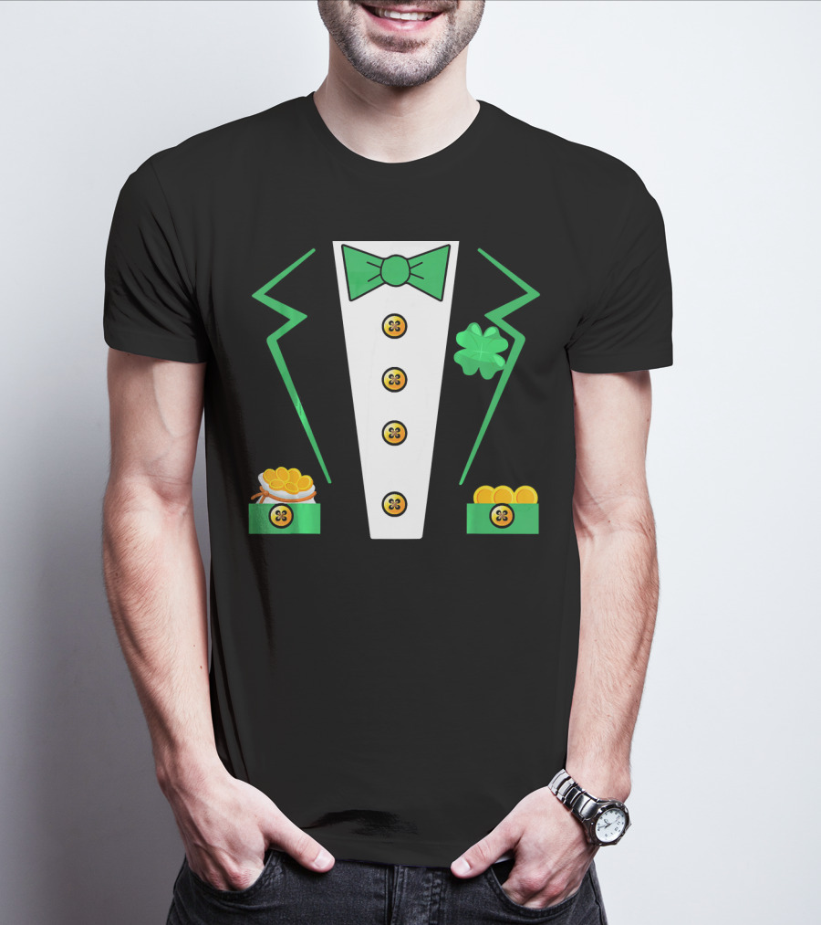 St. Patrick's Day Leprechaun Tuxedo With Shamrock And Coin Boxes T-Shirt