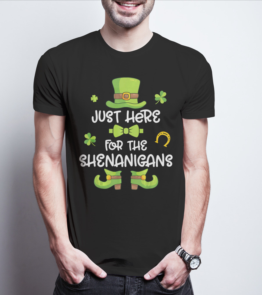 Just Here For The Shenanigans Leprechaun Dance Shamrock Gold T-Shirt