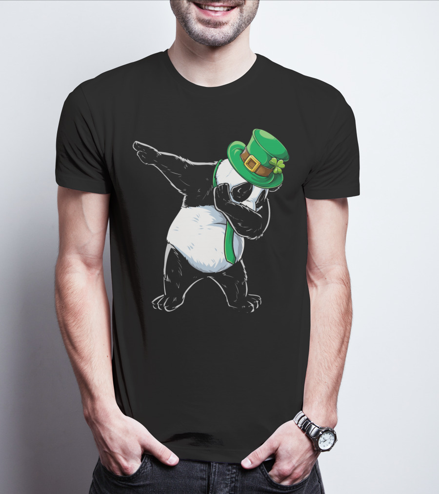 Dabbing Panda St Patricks Day Hat And Green Scarf T-Shirt