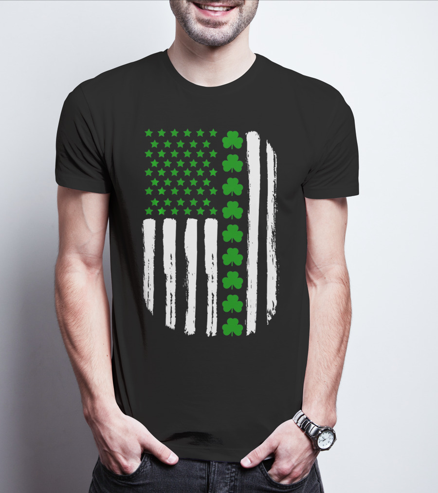 USA Flag With Green 4 Leaf Clover For St. Patrick Day T-Shirt