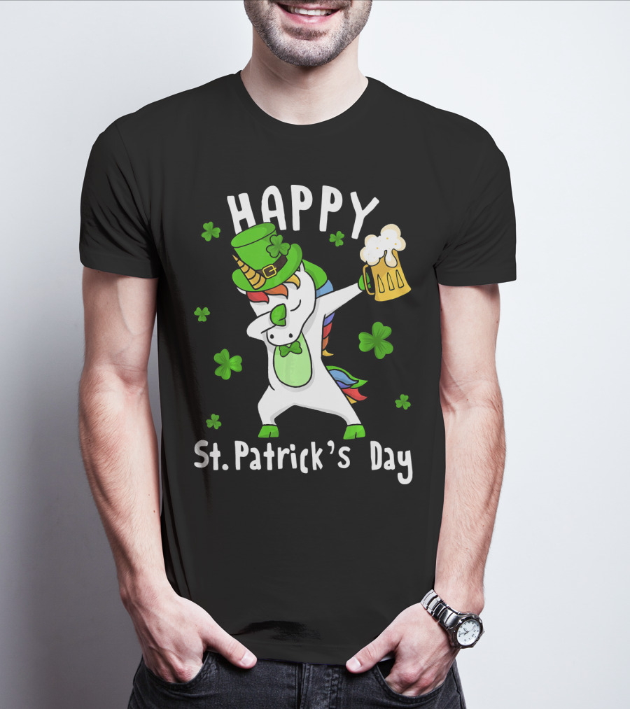 Happy St. Patrick's Day Dabbing Unicorn With Leprechaun Hat And Beer Mug T-Shirt