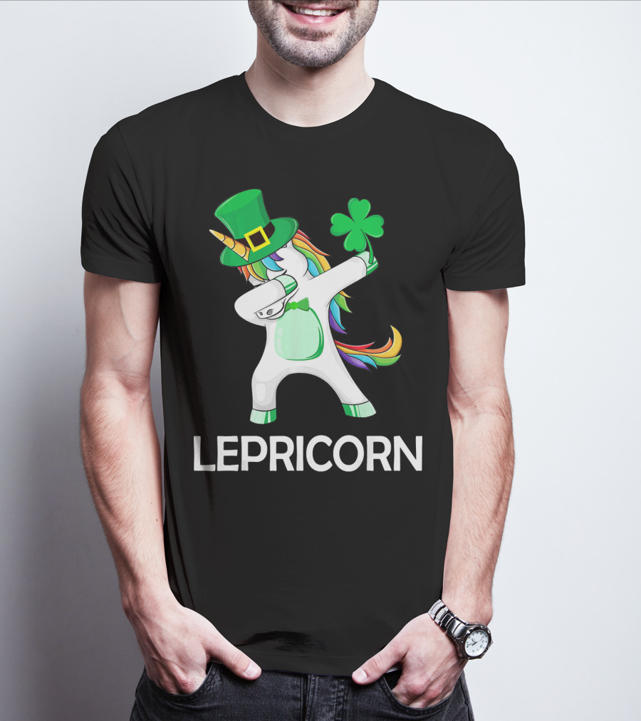 Lepricorn Unicorn Leprechaun Dabbing With Shamrock And Green Hat T-Shirt
