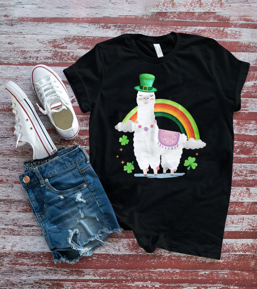 Llama St Patricks Day Rainbow Leprechaun Hat With Shamrocks T-Shirt