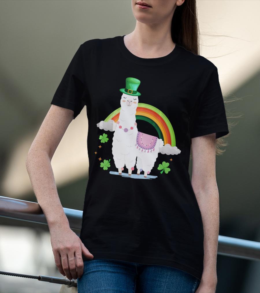 Llama St Patricks Day Rainbow Leprechaun Hat With Shamrocks T-Shirt
