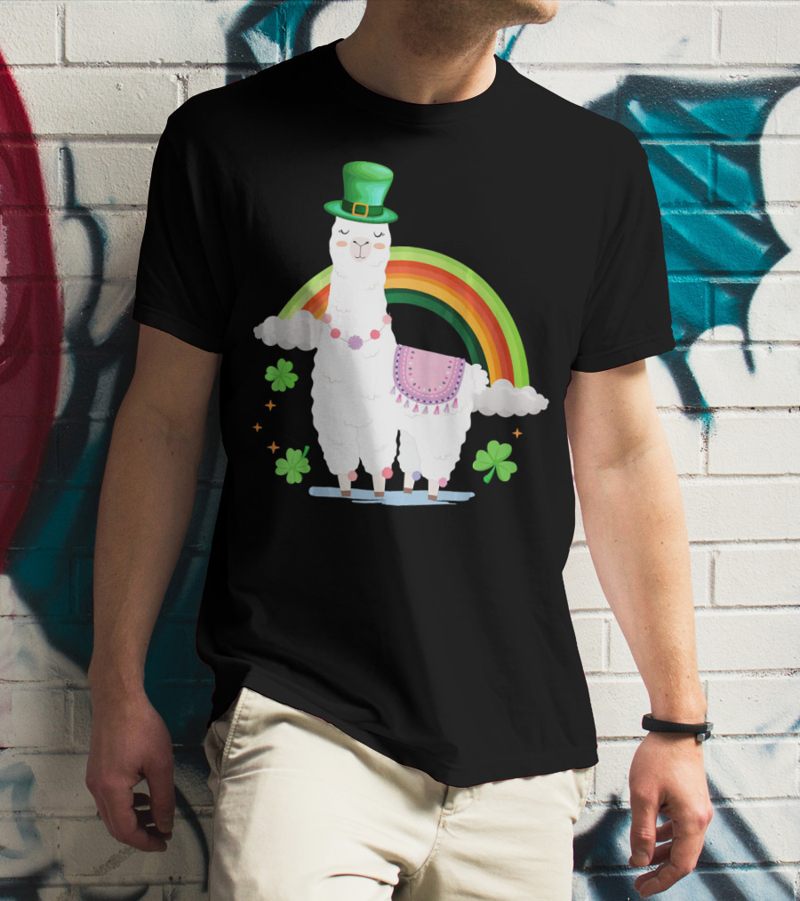 Llama St Patricks Day Rainbow Leprechaun Hat With Shamrocks T-Shirt