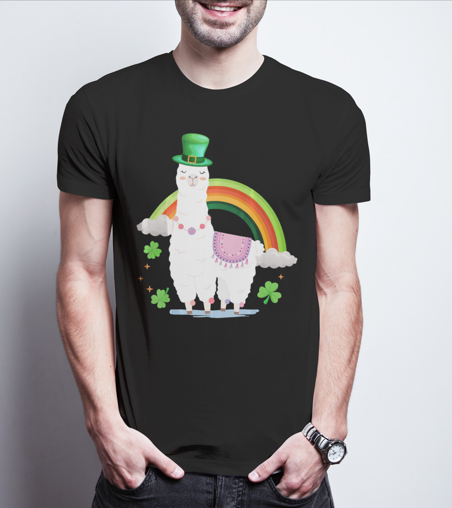 Llama St Patricks Day Rainbow Leprechaun Hat With Shamrocks T-Shirt