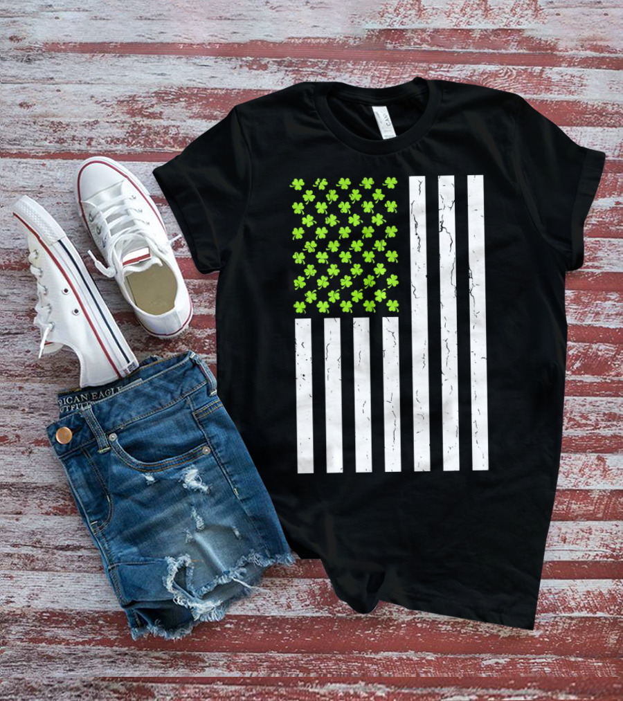 St Patricksday Shamrock American Flag T-Shirt