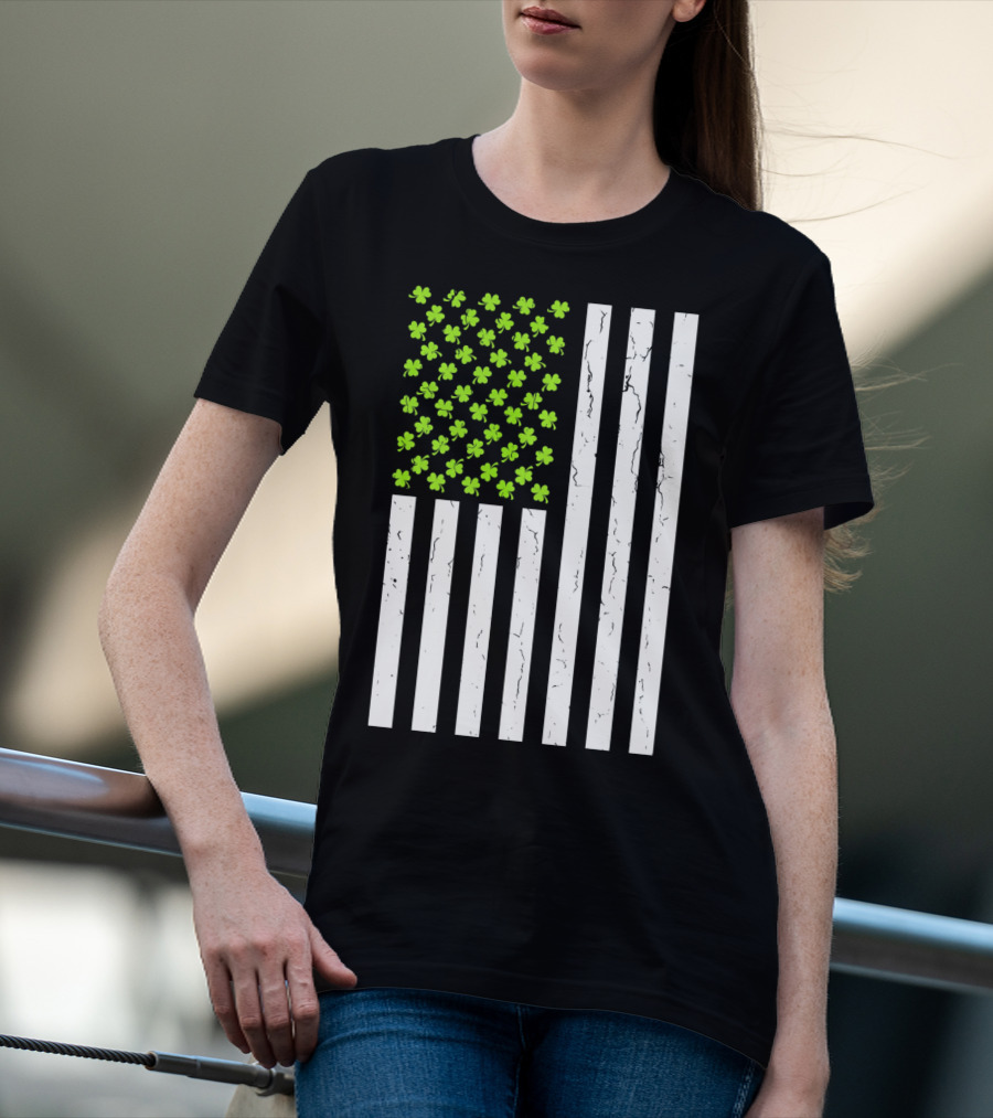 St Patricksday Shamrock American Flag T-Shirt