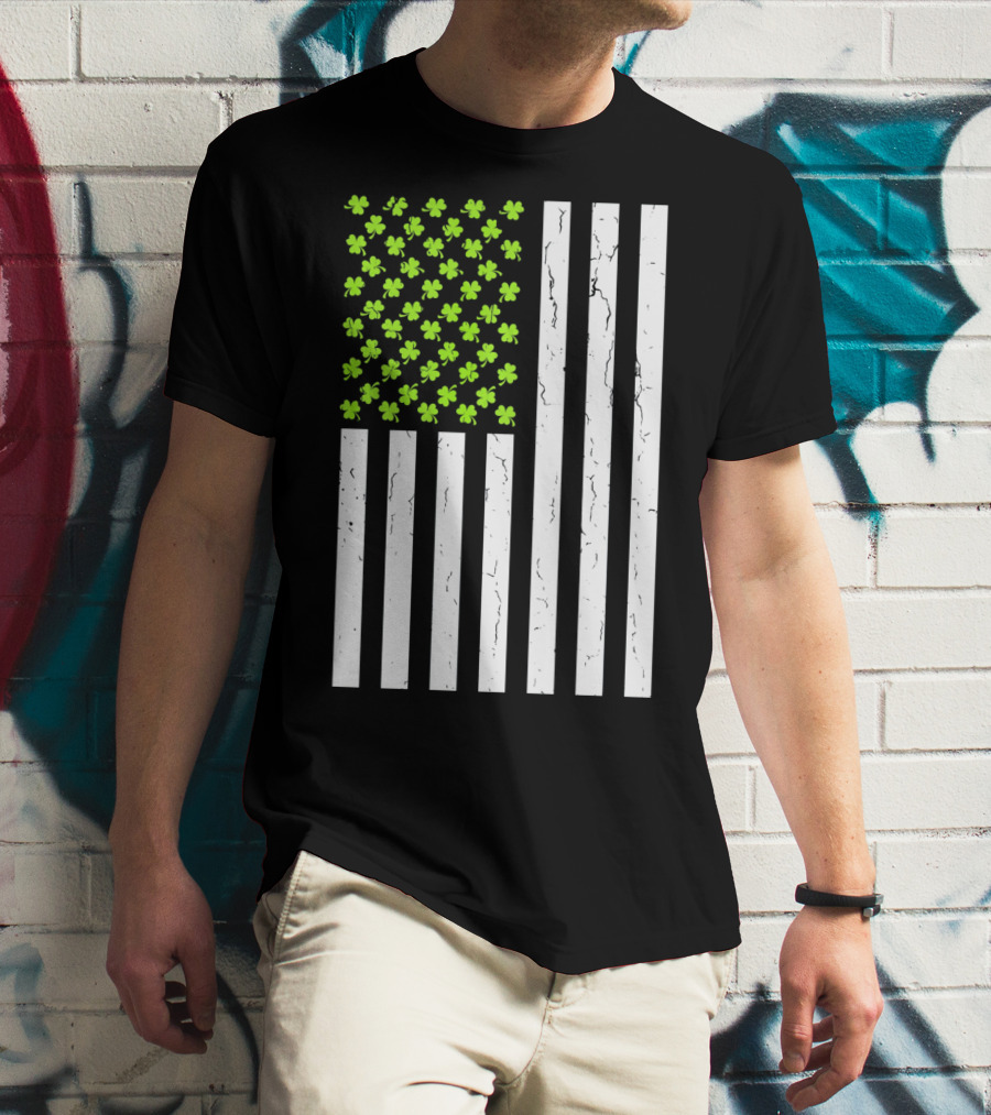 St Patricksday Shamrock American Flag T-Shirt