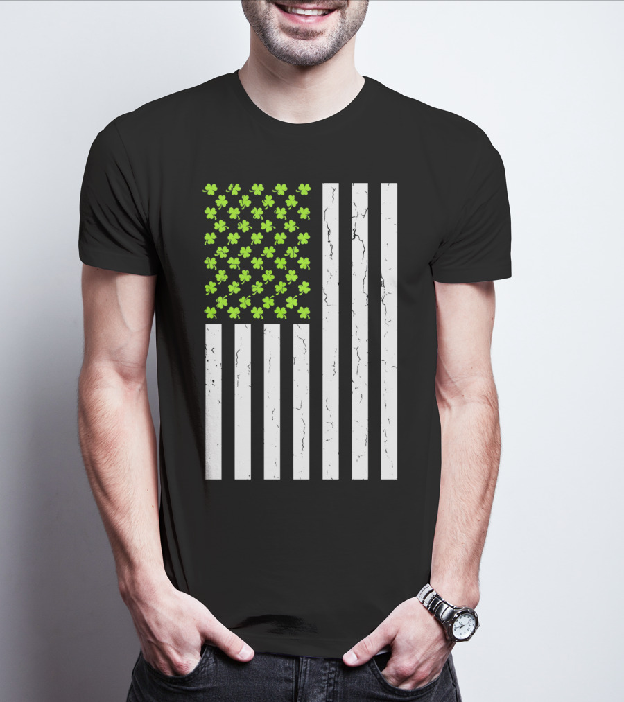 St Patricksday Shamrock American Flag T-Shirt