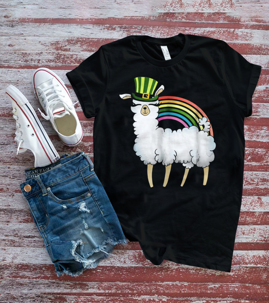 Llama In St Patrick's Day Hat With Rainbow T-Shirt